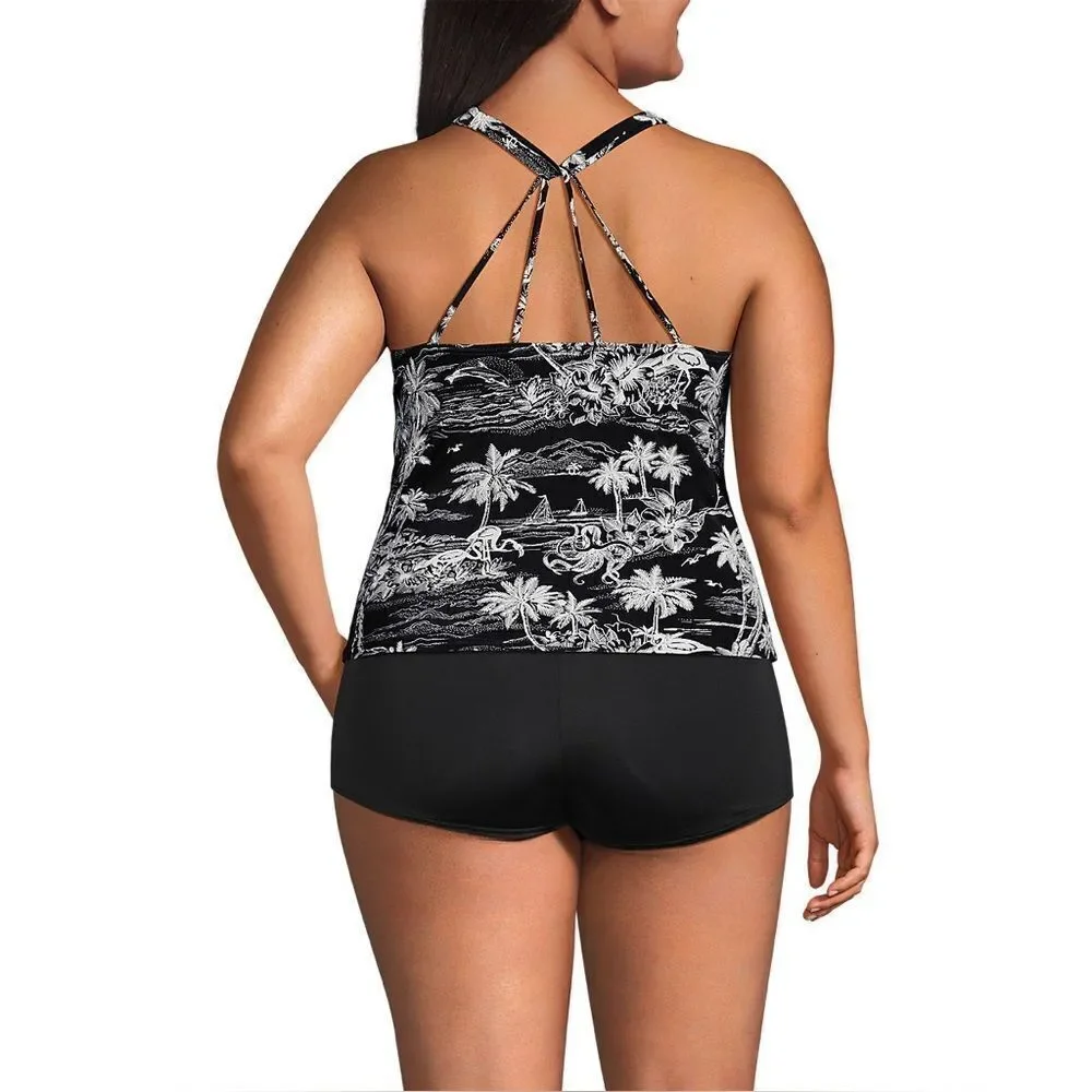 Land's End Plus Tankini Top High Neck Strappy Back Black tropical scene Various
